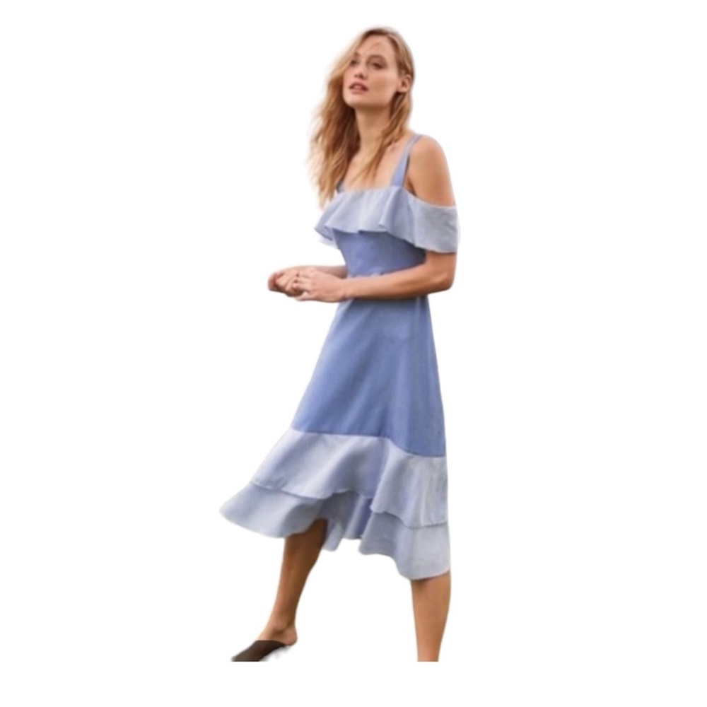 J. Crew Collection Lined Cold Shoulder Striped Silk True Blue Midi Dress Size 00